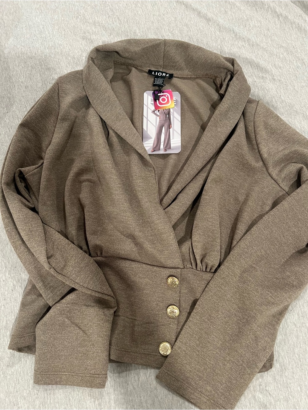 Liore Taupe Button-Front Blazer Top with Pants Size L Set